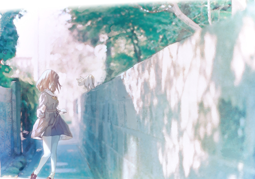 1girl abae alley cat dress looking_back original outdoors pleated_dress sailor_dress school_uniform short_hair socks wall