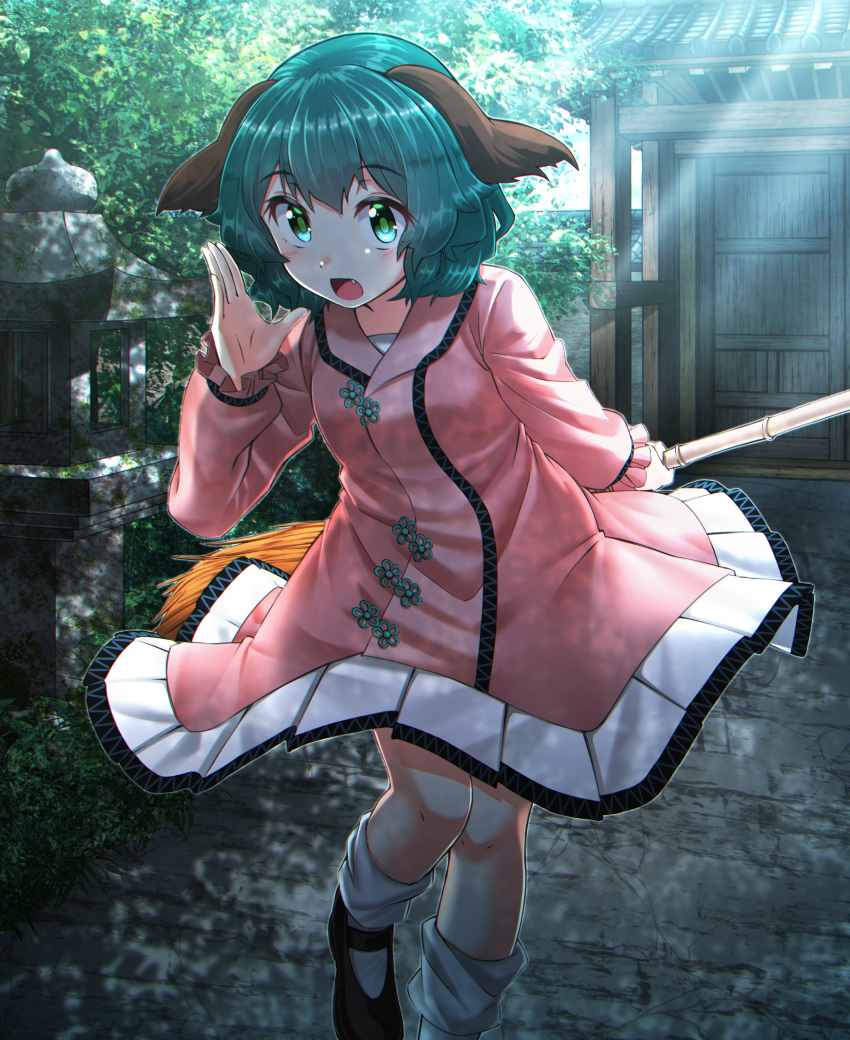 1girl absurdres animal_ears bamboo_broom bangs black_footwear blush broom building commentary_request dress eyebrows_visible_through_hair fang feet_out_of_frame green_eyes green_hair hand_up highres holding holding_broom huge_filesize kakutasu_(akihiron_cactus) kasodani_kyouko light_rays long_sleeves looking_at_viewer mary_janes open_mouth pink_dress shoes short_dress short_hair socks solo standing touhou white_legwear