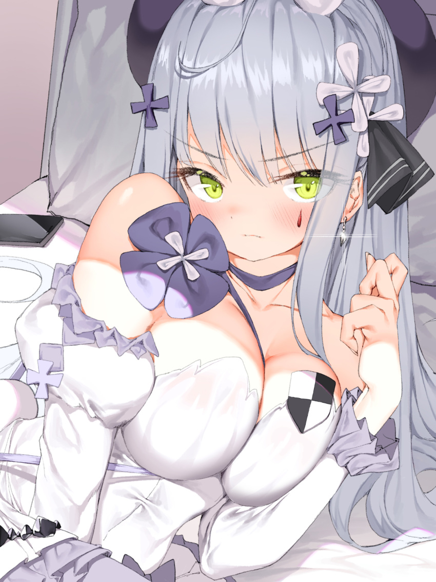 &gt;:( 1girl bangs bare_shoulders bed_sheet black_headwear blush breasts cellphone choker cleavage closed_mouth commentary detached_sleeves dress earrings english_commentary eyebrows_visible_through_hair facial_mark frilled_sleeves frills girls_frontline glint green_eyes hair_ornament highres hk416_(girls_frontline) jewelry large_breasts lee_seok_ho long_hair long_sleeves looking_at_viewer lying on_side phone pillow purple_choker silver_hair smartphone solo strapless strapless_dress upper_body v-shaped_eyebrows white_dress