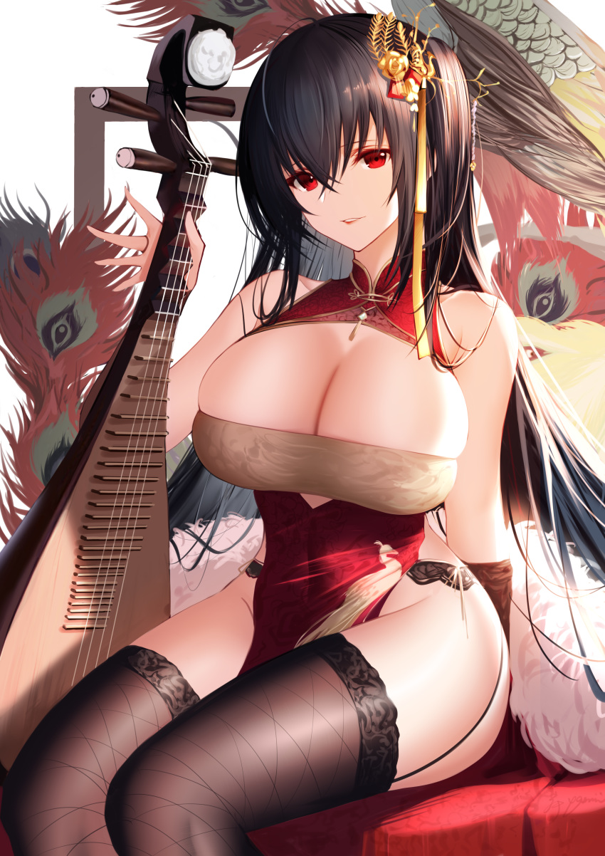 1girl absurdres azur_lane bangs bare_shoulders black_hair black_legwear blush breasts china_dress chinese_clothes cleavage cleavage_cutout crossed_bangs dress hair_ornament higandgk highres large_breasts long_hair looking_at_viewer open_mouth parted_lips peacock_feathers pipa_(instrument) red_dress red_eyes sitting smile solo taihou_(azur_lane) taihou_(phoenix's_spring_song)_(azur_lane) thighhighs thighs