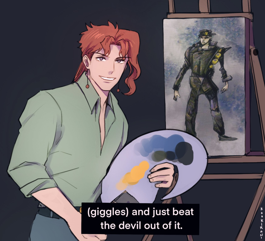 1boy belt bob_ross collared_shirt earrings easel green_shirt highres jewelry jojo_no_kimyou_na_bouken kakyouin_noriaki kookirani kuujou_joutarou looking_at_viewer male_focus painting_(object) palette purple_eyes red_hair shirt smile solo stardust_crusaders subtitled the_joy_of_painting