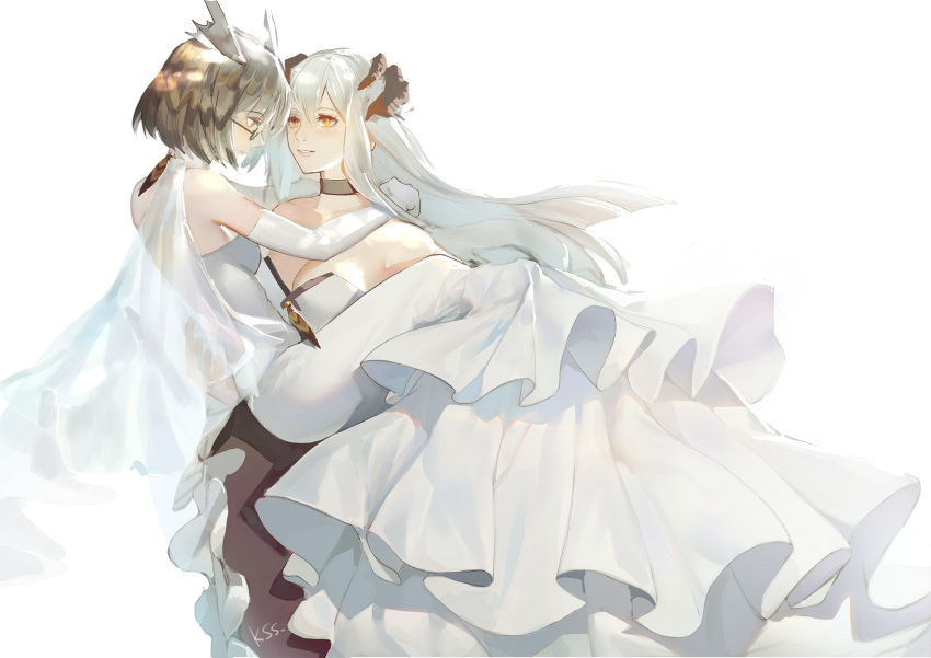 2girls arknights bob_cut breasts bridal_veil brown_hair carrying choker cleavage dress feathers glasses highres horns kirsos long_hair multiple_girls platinum_blonde_hair princess_carry saria_(arknights) silence_(arknights) veil wedding_dress yellow_eyes yuri