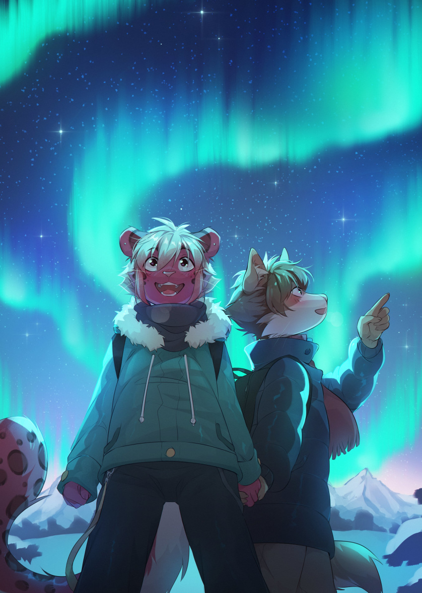 5_fingers absurd_res aurora_borealis detailed_background felid feline fingers fumiko fur hair hi_res mammal night open_mouth outside red_body red_eyes red_fur sky star starry_sky teeth tongue white_hair