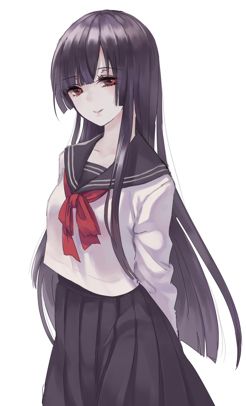 1girl absurdres arms_behind_back asahi_yuuji bangs black_hair black_skirt blunt_bangs breasts closed_mouth collar highres long_hair long_sleeves looking_at_viewer neckerchief original pleated_skirt red_eyes sailor_collar school_uniform serafuku simple_background skirt smile solo standing straight_hair white_background