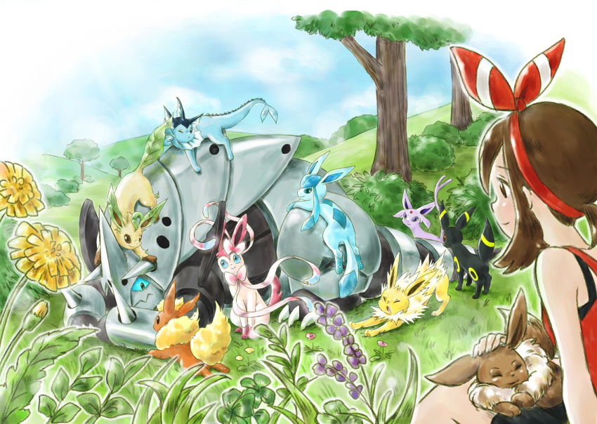 1girl aggron bangs black_eyes blue_eyes blue_sky breasts brown_eyes brown_hair bush closed_eyes cloud cloudy_sky commentary_request day eevee espeon flareon flower gen_1_pokemon gen_3_pokemon gen_4_pokemon gen_6_pokemon glaceon grass hair_ribbon haruka_(pokemon) huiyuan jolteon leafeon mega_aggron mega_evolution outdoors plant pokemon pokemon_(game) pokemon_on_back pokemon_on_head pokemon_on_lap pokemon_on_leg pokemon_oras purple_eyes red_ribbon ribbon short_hair sidelocks sitting sky small_breasts smile stretch sylveon tree umbreon vaporeon yawning