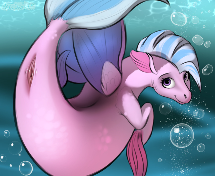 2020 bubble digital_drawing_(artwork) digital_media_(artwork) eyelashes female feral fish friendship_is_magic genitals looking_at_viewer marine mercurial64 my_little_pony pussy seahorse silverstream_(mlp) smile solo syngnathid syngnathiform