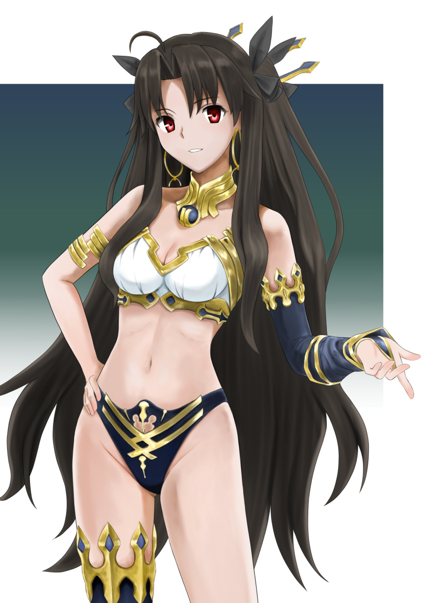 1girl arm_up armlet asymmetrical_legwear asymmetrical_sleeves bangs black_hair blue_background blue_bikini_bottom bosutonii breasts bridal_gauntlets cleavage commentary_request cowboy_shot earrings elbow_gloves fate/grand_order fate_(series) gloves gradient gradient_background hair_intakes hair_ribbon hand_on_hip highres hoop_earrings ishtar_(fate)_(all) ishtar_(fate/grand_order) jewelry long_hair looking_at_viewer medium_breasts neck_ring parted_bangs parted_lips red_eyes ribbon sidelocks single_elbow_glove single_thighhigh solo standing thighhighs tiara very_long_hair white_background white_bikini_top