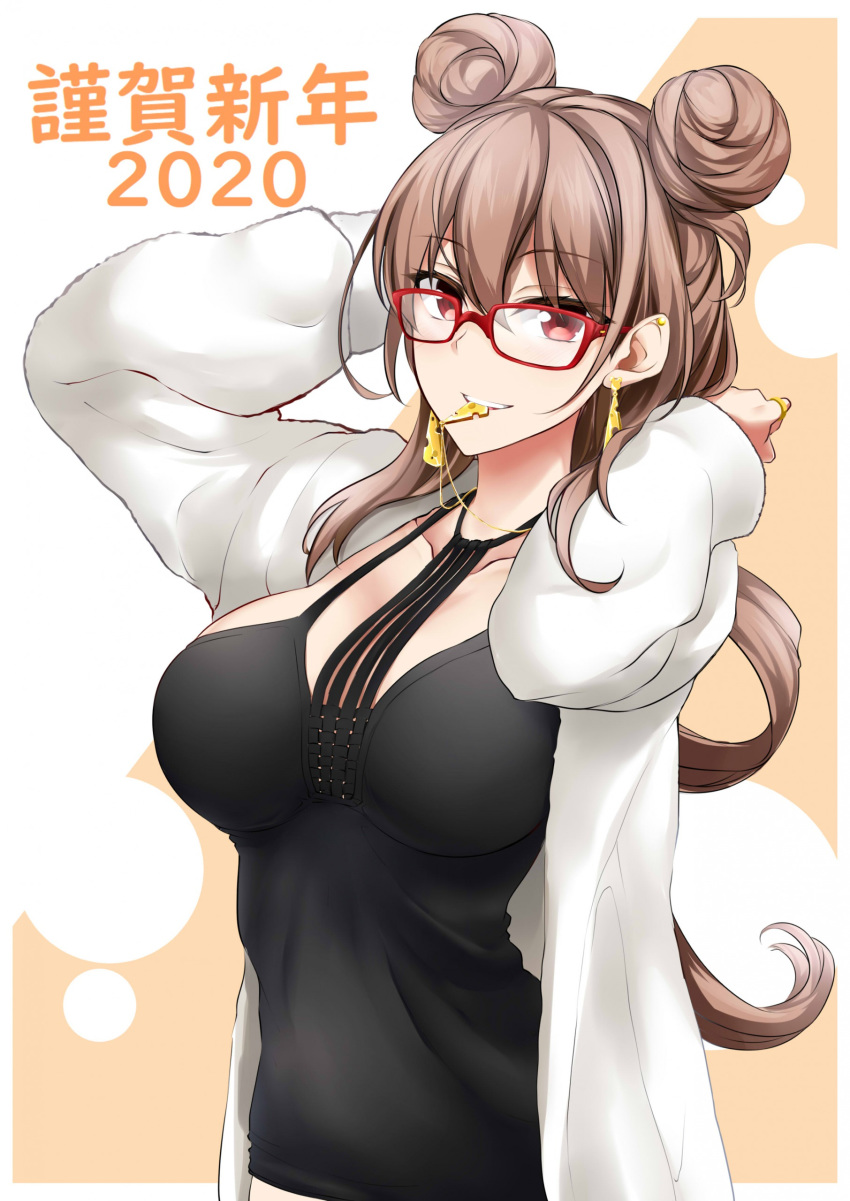 1girl absurdres arms_up bangs black_dress breasts cheese_earrings cleavage coat collarbone double_bun dress earrings eyebrows_visible_through_hair glasses happy_new_year highres jewelry large_breasts lindoh_flores long_hair long_sleeves looking_at_viewer mouth_hold necklace new_year open_clothes open_coat orange_background original red-eyes_macadamiachoco red-framed_eyewear red_eyes solo two-tone_background upper_teeth white_coat