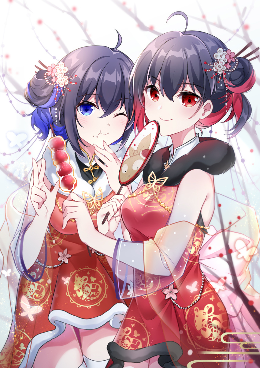 2girls ;t ahoge bangs bare_shoulders black_hair blue_eyes blue_hair blush breasts china_dress chinese_clothes closed_mouth commentary_request detached_sleeves dress eating egasumi eyebrows_visible_through_hair flower food food_on_face fur_collar gou_lianlian_dogface hair_between_eyes hair_bun hair_flower hair_ornament highres holding holding_food honkai_(series) honkai_impact_3rd medium_breasts multicolored_hair multiple_girls one_eye_closed pink_flower red_dress red_eyes red_hair see-through see-through_sleeves seele_vollerei side_bun sleeveless sleeveless_dress streaked_hair thighhighs tree_branch v-shaped_eyebrows white_legwear