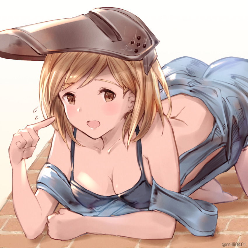 1girl :d all_fours ass bangs bare_shoulders barefoot blonde_hair blush breasts brown_eyes cleavage collarbone commentary_request dated djeeta_(granblue_fantasy) eyebrows_visible_through_hair flying_sweatdrops granblue_fantasy highres looking_at_viewer mechanic_(granblue_fantasy) medium_breasts milli_little number open_mouth overalls pointing pointing_at_self revision sketch smile solo swept_bangs top-down_bottom-up welding_mask white_background