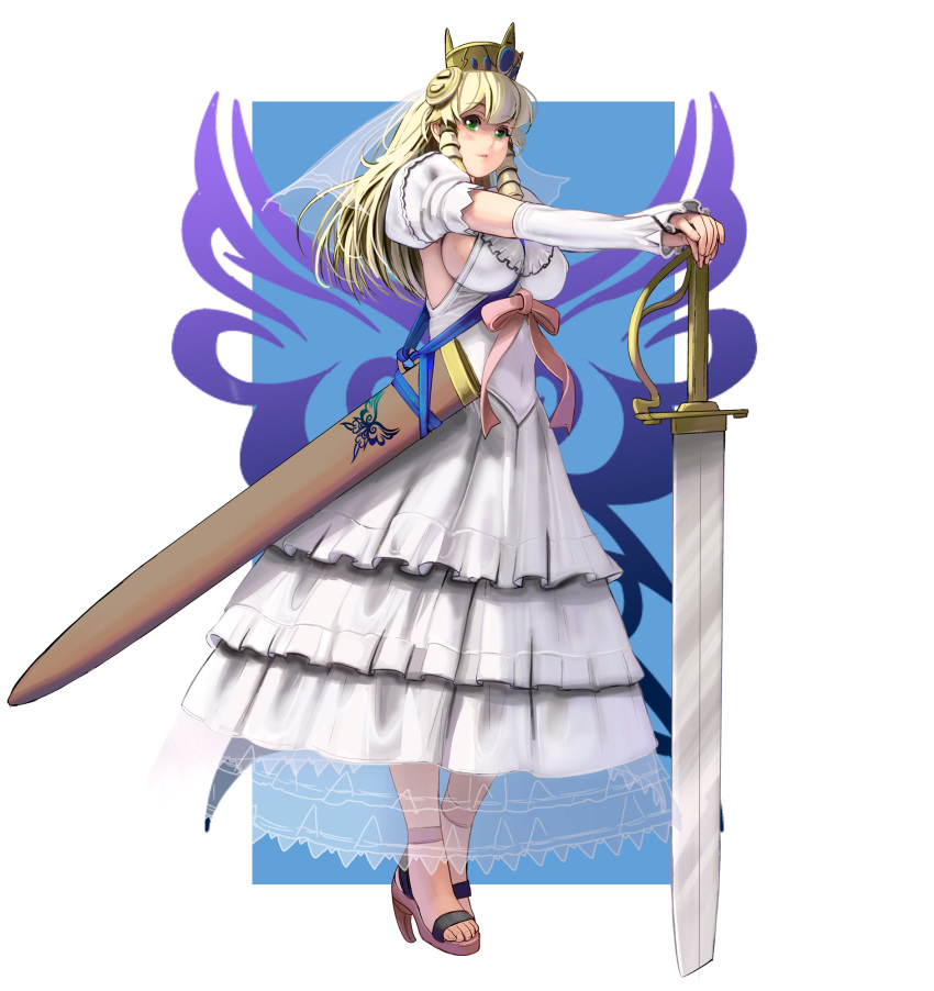 1girl bangs blonde_hair border bow breasts crown detached_sleeves dress eyebrows_visible_through_hair full_body green_eyes highres large_breasts long_hair masao original outside_border pink_bow princess puffy_short_sleeves puffy_sleeves scabbard sheath short_sleeves solo standing sword veil weapon white_border white_dress