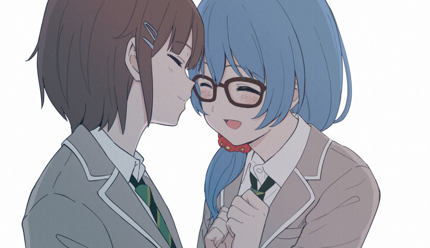 2girls asahi_rokka bang_dream! blue_hair blush brown_hair close ponytail school_uniform shiba_murashouji short_hair shoujo_ai tie toyama_asuka white