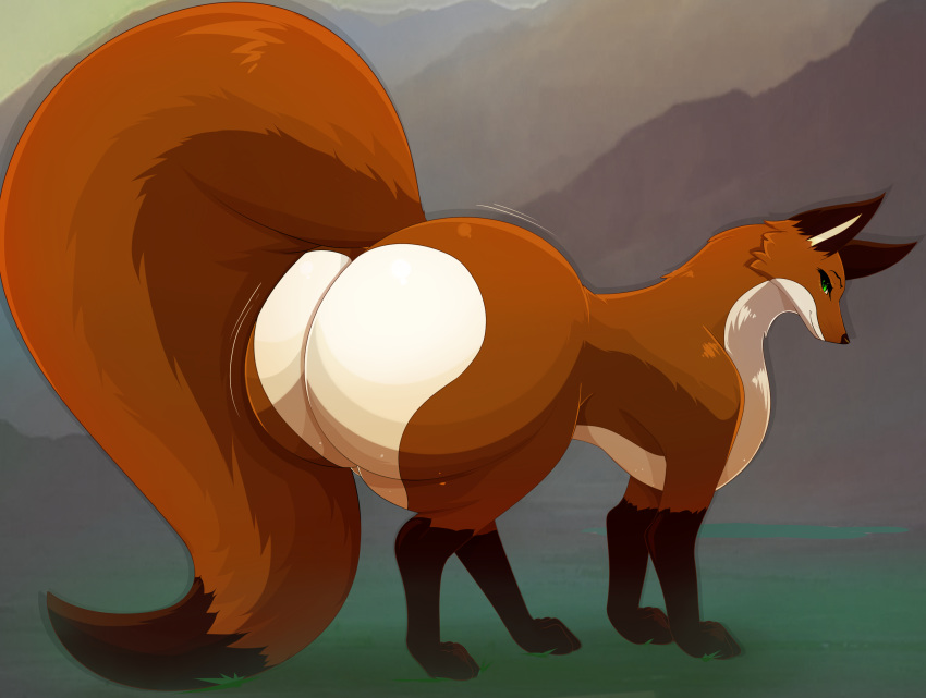 asaneman big_butt butt canid canine curvy_figure feral fox fur green_eyes huge_butt huge_tail kea_(asaneman) mammal red_body red_fur solo thick_thighs voluptuous