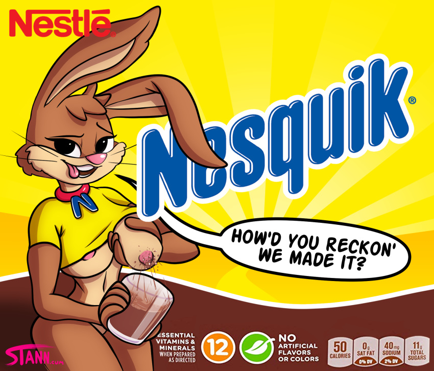 2020 anthro areola big_breasts bodily_fluids breasts canid canine clothed clothing digital_media_(artwork) female fur hair lactating lagomorph leporid looking_at_viewer mammal mascot milk nesquik nesquik_bunny nestle nipples nude open_mouth rabbit simple_background solo stann_co tongue