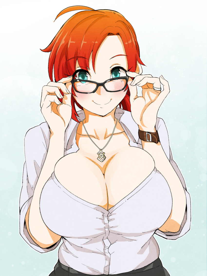 1girl 41_(taskmaster41) adjusting_eyewear aqua_eyes black-framed_eyewear boudica_(fate/grand_order) breast_squeeze breasts bursting_breasts cleavage collarbone commentary_request fate/grand_order fate_(series) glasses highres huge_breasts jewelry lavender_shirt necklace red_hair shirt short_hair smile solo watch white_shirt