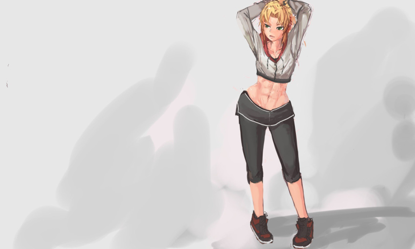1girl abs arms_up blonde_hair breasts cleavage commentary contrapposto crop_top english_commentary fate/apocrypha fate/grand_order fate_(series) full_body green_eyes highres midriff mordred_(fate)_(all) navel panties_(pantsu-pirate) pants pigeon-toed shoes small_breasts sneakers solo standing stretch yoga_pants