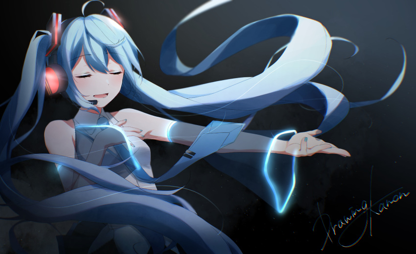 black blue_hair drawing_kanon gradient hatsune_miku headphones long_hair microphone signed tie twintails vocaloid