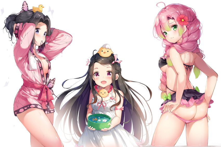 3girls :d :s :t ahoge alternate_costume alternate_hairstyle animal animal_on_head arm_ribbon ass bangs bare_arms bare_shoulders bikini_pull bikini_skirt bird black_hair blush bow braid breasts bucket bug butterfly butterfly_hair_ornament chick chintora0201 cleavage closed_mouth collarbone commentary_request cowboy_shot dress duck eggshell fangs fish flower forehead from_behind goldfish gradient_hair green_bow green_eyes green_hair hair_flower hair_ornament hair_ribbon highres holding holding_bucket in_mouth insect kamado_nezuko kanroji_mitsuri kimetsu_no_yaiba kochou_shinobu long_hair long_sleeves looking_at_viewer looking_back medium_breasts mole mole_under_eye multicolored_hair multiple_girls no_bra on_head open_mouth parted_bangs pink_bow pink_hair pink_ribbon ponytail pout pulled_by_self purple_eyes purple_hair red_flower red_hair ribbon sidelocks signature simple_background skin_fangs sleeveless sleeveless_dress small_breasts smile straight_hair sundress toy tri_braids underboob very_long_hair wading water wavy_mouth white_background white_dress white_flower