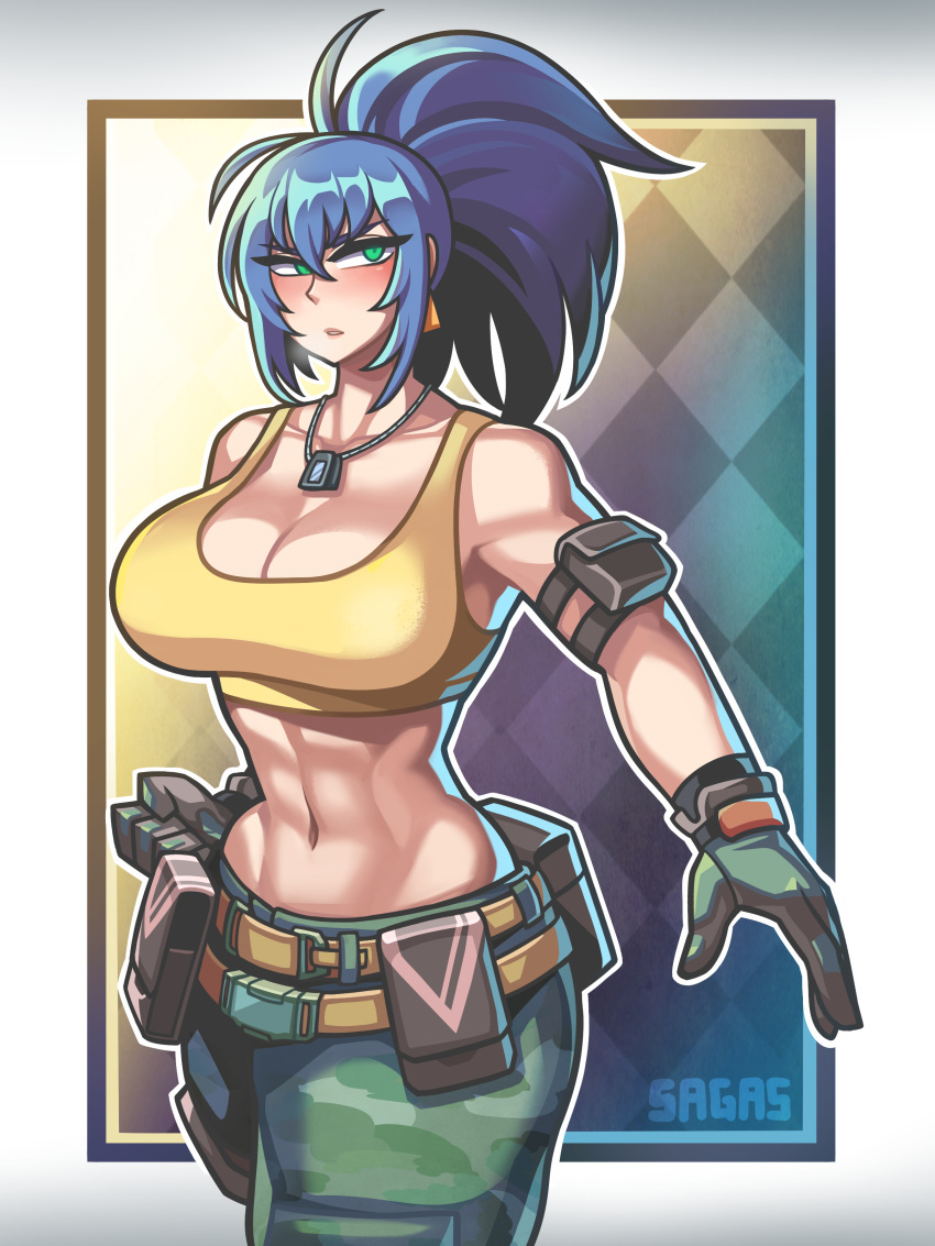 1girl abs absurdres ahoge arm_pouch belt belt_pouch blue_hair breasts cleavage clenched_hand collarbone crop_top dog_tags fighting_stance gloves green_eyes green_gloves highres large_breasts leona_heidern long_hair midriff multiple_belts muscle muscular_female navel ponytail pouch sagas293 solo the_king_of_fighters