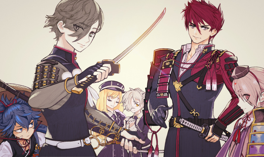 6+boys absurdres blonde_hair blue_hair closed_mouth eyes_visible_through_hair gokotai gratin_gratin grey_background hair_over_one_eye highres ima-no-tsurugi male_focus midare_toushirou multiple_boys ookanehira_(touken_ranbu) red_hair sayo_samonji simple_background smile sword touken_ranbu uguisumaru weapon