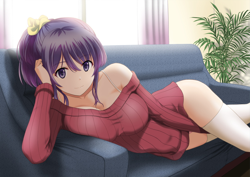 couch original ponytail purple_eyes purple_hair satou_chagashi thighhighs