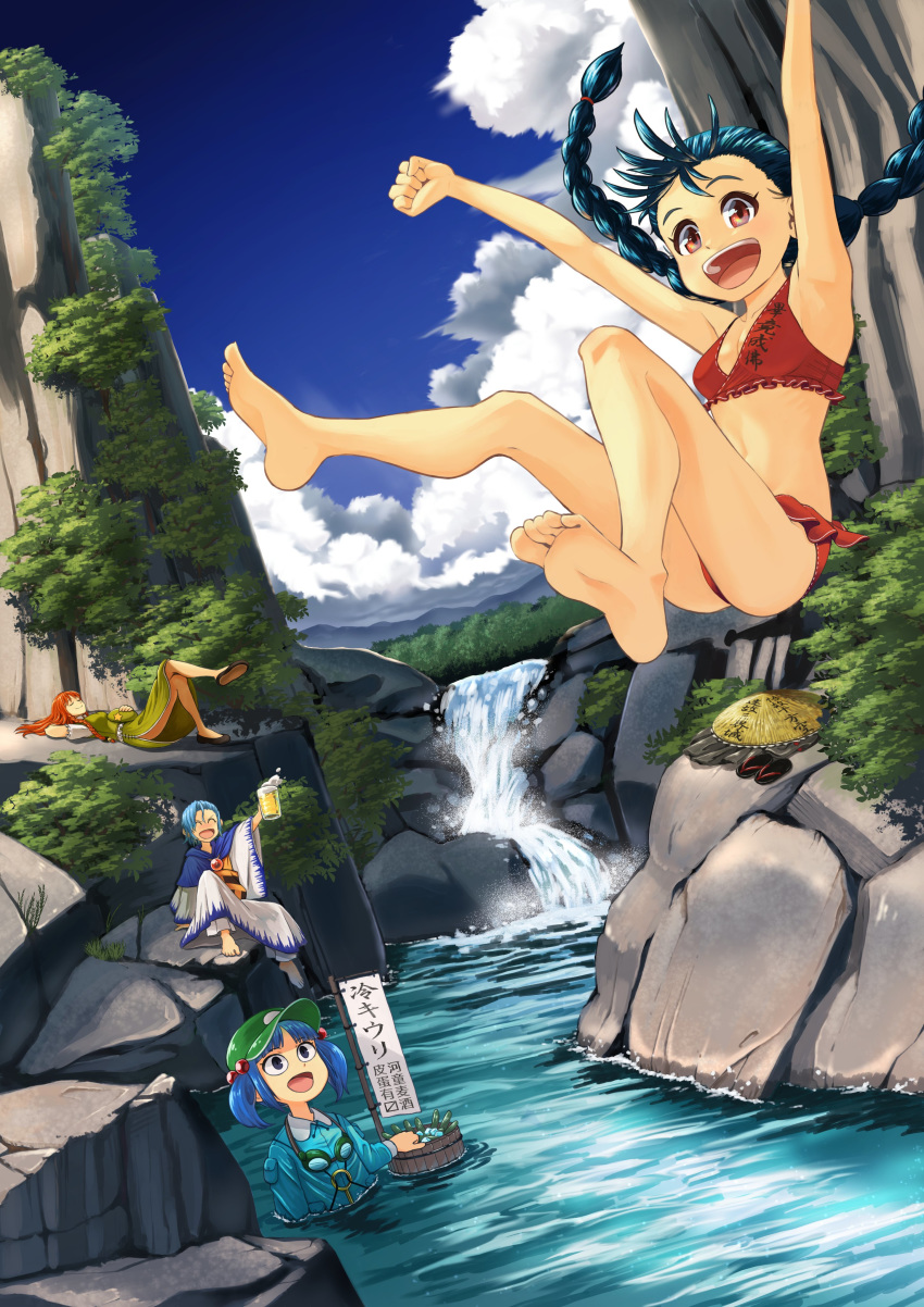 4girls absurdres alcohol bare_legs barefoot beer beer_mug bikini black_footwear black_hair blue_hair blue_sky breasts bucket china_dress chinese_clothes closed_eyes cloud commentary_request cup day dress goggles green_dress green_headwear hair_bobbles hair_ornament hat highres holding holding_cup hong_meiling iroiro_yaru_hito kawashiro_nitori kumoi_ichirin long_hair lying multiple_girls nature on_back open_mouth outdoors outstretched_arms red_bikini red_eyes red_hair river rock sandals shoes sky small_breasts smile soles straw_hat summer swimsuit touhou translation_request tree twintails two_side_up water waterfall white_dress yatadera_narumi