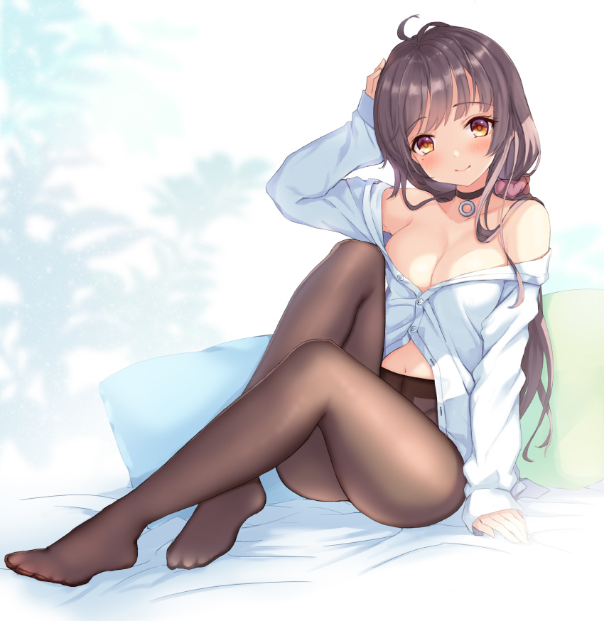 1girl absurdres arm_at_side arm_up bangs bare_shoulders bed_sheet black_choker blurry blurry_background blush breasts brown_hair brown_legwear choker cleavage closed_mouth commentary_request dress_shirt eyebrows_visible_through_hair full_body highres juke knees_up long_hair long_sleeves looking_at_viewer medium_breasts mole mole_under_eye navel no_bra off_shoulder orange_eyes original pantyhose partially_unbuttoned pillow shirt sitting sleeves_past_wrists smile solo white_shirt