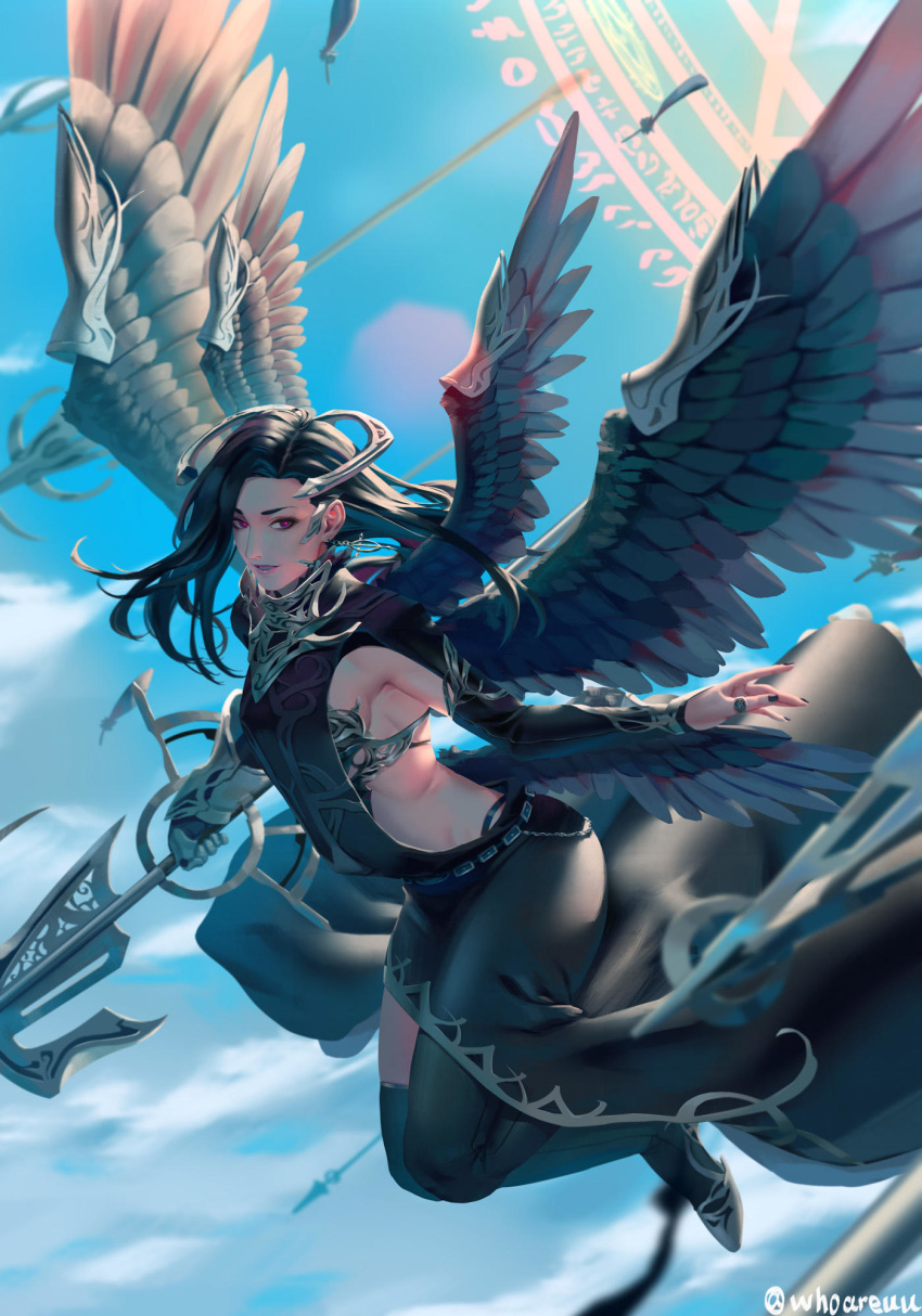 1girl armpits artist_name asymmetrical_gloves asymmetrical_legwear black_hair black_legwear black_nails black_wings blue_sky cloud day earrings feathered_wings feathers floating_hair full_body gloves highres holding holding_weapon indoors jewelry large_wings long_hair long_sleeves looking_at_viewer low_wings midair multiple_wings nail_polish original parted_lips red_eyes ring shoes single_glove sky solo weapon whoareuu wings