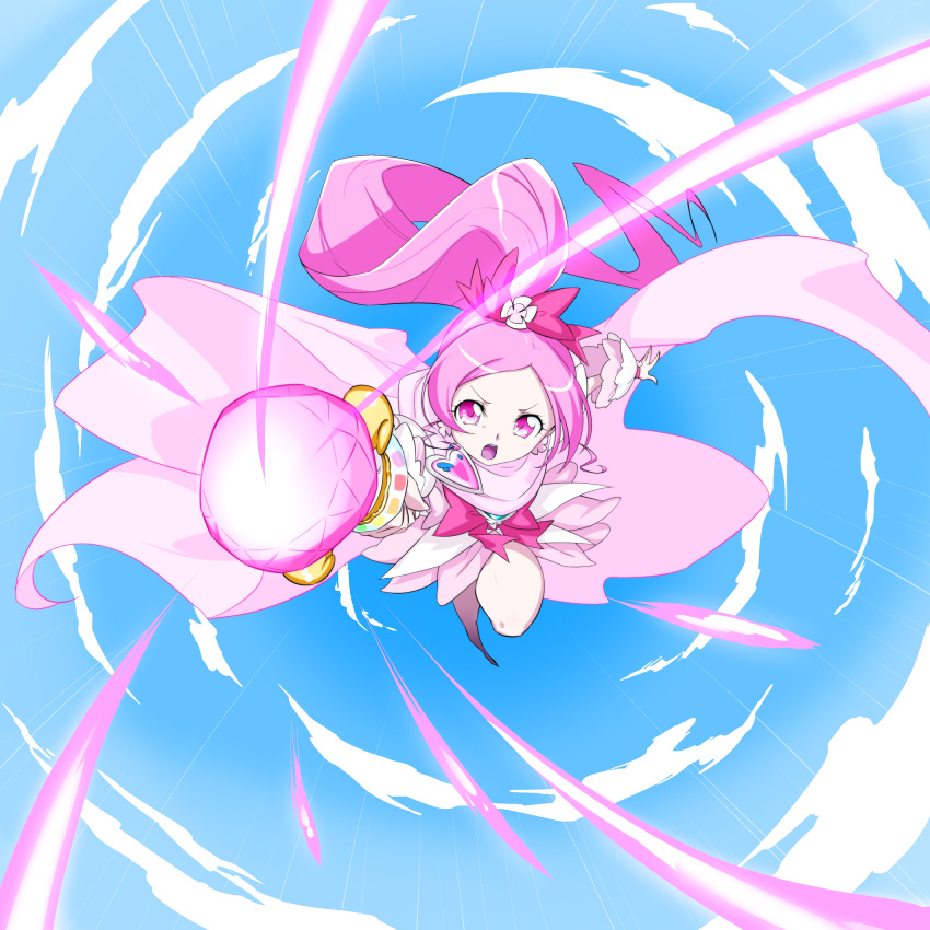 1girl :o beam bow cape cloud clover_hair_ornament commentary_request cure_blossom day dress floating_hair flying foreshortening gem hair_bow hair_ornament hanasaki_tsubomi heart heartcatch_precure! highres holding holding_staff leg_up long_hair looking_at_viewer magical_girl matatabi_(karukan222) open_mouth pink_eyes pink_hair ponytail precure sky solo speed_lines staff teeth v-shaped_eyebrows very_long_hair wrist_cuffs