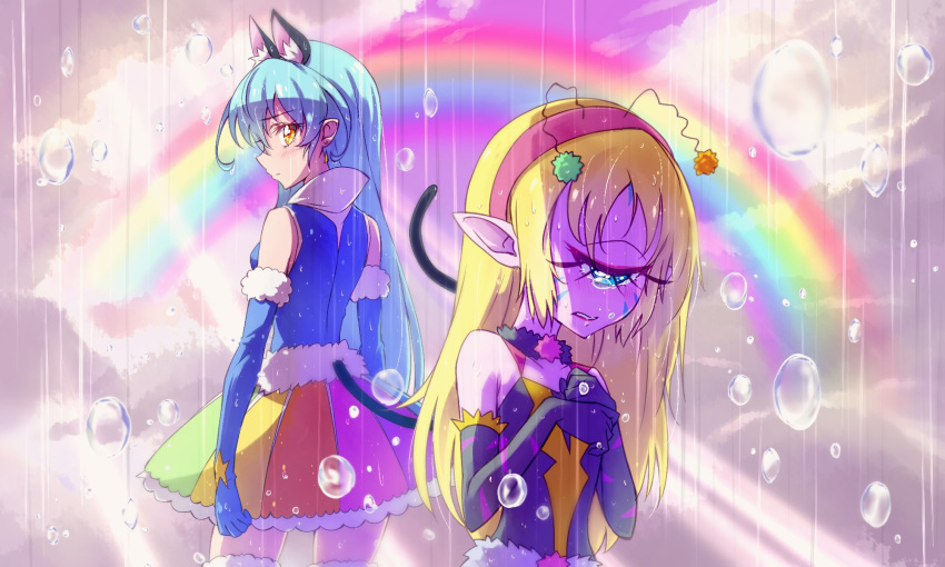 2girls animal_ears antennae black_gloves blonde_hair blue_gloves cat_ears cat_tail choker cloud commentary_request crying crying_with_eyes_open cure_cosmo cyclops dress elbow_gloves eyebrows_visible_through_hair eyelashes eyewon_(precure) facepaint fur_trim gloves hair_down hairband highres kyoutsuugengo light_blue_hair lipstick looking_at_another looking_back magical_girl makeup multicolored multicolored_clothes multiple_girls no_nose one-eyed own_hands_together pink_skin pointy_ears precure purple_sky rain rainbow rainbow_skirt red_lipstick sad sky sleeveless star star_print star_twinkle_precure tail tears water_drop wet wet_hair yellow_eyes yuni_(precure)