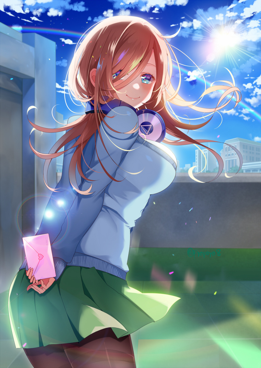 1girl arms_behind_back bangs blue_cardigan blue_eyes blue_sky blush breasts brown_hair building cardigan closed_mouth cloud commentary_request cowboy_shot diffraction_spikes envelope eyebrows_behind_hair facing_viewer go-toubun_no_hanayome green_skirt hair_between_eyes hair_over_one_eye headphones headphones_around_neck highres holding_envelope large_breasts lens_flare long_hair long_sleeves nakano_miku outdoors pantyhose piyopoyo pleated_skirt rainbow rooftop shirt skirt sky skyline smile solo sunlight thighband_pantyhose tile_floor tiles twitter_username white_shirt wind wind_lift