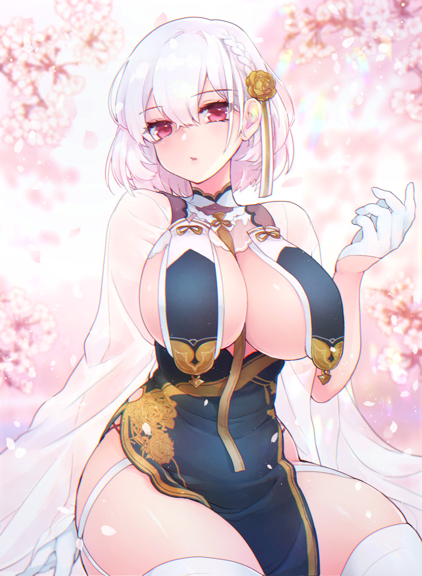 1girl alternate_costume arm_behind_back azur_lane bangs black_dress braid breasts cherry_blossoms china_dress chinese_clothes dress eyelashes garter_straps gloves hair_between_eyes hair_ornament half_gloves hand_up highres large_breasts looking_at_viewer no_bra outdoors parted_lips pelvic_curtain red_eyes revealing_clothes see-through_sleeves shichijou_natori short_hair sirius_(azur_lane) sirius_(azure_horizons)_(azur_lane) sitting solo thick_thighs thighhighs thighs tree_branch white_gloves white_hair white_legwear wide_hips