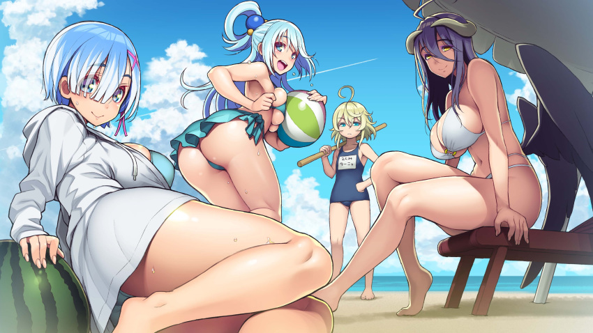 4girls absurdres ahoge albedo aqua_(konosuba) ass ball bangs beach beachball bikini black_hair blonde_hair blue_eyes blue_hair blush breast_press breasts closed_mouth cloud crossover end_card eyebrows_visible_through_hair feathered_wings food fruit hair_between_eyes hair_ornament hair_over_eyes hair_ribbon hand_on_hip highres hood hoodie horns isekai_quartet kono_subarashii_sekai_ni_shukufuku_wo! large_breasts long_hair looking_at_viewer multiple_girls name_tag outdoors overlord_(maruyama) parasol re:zero_kara_hajimeru_isekai_seikatsu rem_(re:zero) ribbon sand school_swimsuit short_hair sitting sky smile standing stick suikawari swimsuit tanya_degurechaff thighs tsuji_santa umbrella water_drop watermelon wings yellow_eyes youjo_senki