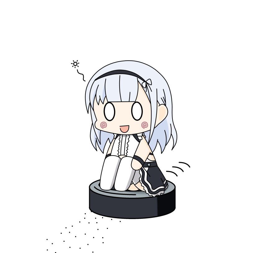 0_0 1girl :d absurdres apron azur_lane bangs black_hairband black_skirt blush_stickers center_frills chibi commentary_request dido_(azur_lane) dress dust full_body hairband highres kinoko_(benitengudake) knees_up long_hair looking_down maid_apron maid_dress motion_lines open_mouth roomba silver_hair simple_background sitting sitting_on_object skirt sleeveless sleeveless_dress smile solo thighhighs waist_apron white_apron white_background white_dress white_legwear wristband