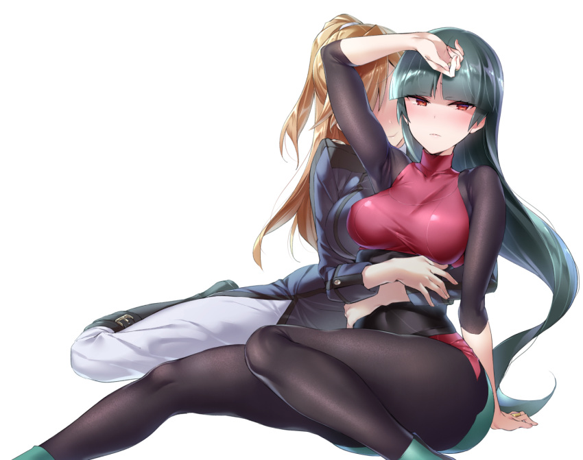 2girls ace_trainer_(pokemon) arm_support arm_up black_legwear blush breasts brown_hair closed_mouth commentary_request covered_navel faceless faceless_female hizuki_akira hug hug_from_behind large_breasts long_hair looking_at_viewer multiple_girls pantyhose pokemon pokemon_lgpe red_eyes sabrina_(pokemon) shiny_clothes simple_background sitting smile taut_clothes white_background yuri