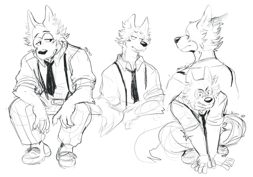 2019 beastars black_and_white bottomwear canid canine canis clothed clothing eyebrows hi_res legoshi_(beastars) male mammal monochrome necktie pants raised_eyebrows shows signature simple_background sitting sketch solo suspenders tobi707 toony wolf