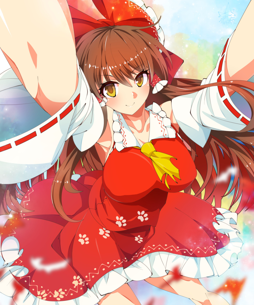 1girl armpits ascot bow breasts brown_hair detached_sleeves frilled_bow frills hair_bow hair_tubes hakurei_reimu highres large_breasts long_hair outstretched_arms paw_print red_bow red_shirt red_skirt ribbon-trimmed_sleeves ribbon_trim shirt skirt skirt_set smile touhou umigarasu_(kitsune1963) very_long_hair wide_sleeves yellow_eyes