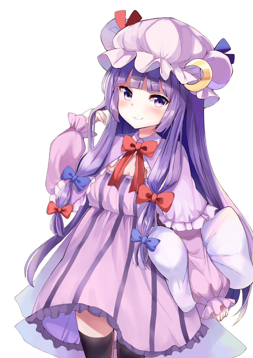 1girl absurdres black_legwear blue_bow blue_ribbon blush bow bowtie closed_mouth crescent crescent_moon_pin dress frilled_dress frilled_sleeves frills hair_bow hair_lift hair_ornament hat highres holding holding_pillow long_hair long_sleeves looking_at_viewer mob_cap patchouli_knowledge pillow purple_dress purple_eyes purple_hair red_bow red_neckwear red_ribbon ribbon satori_(pixiv) smile solo striped striped_dress thighhighs touhou tsurime twintails