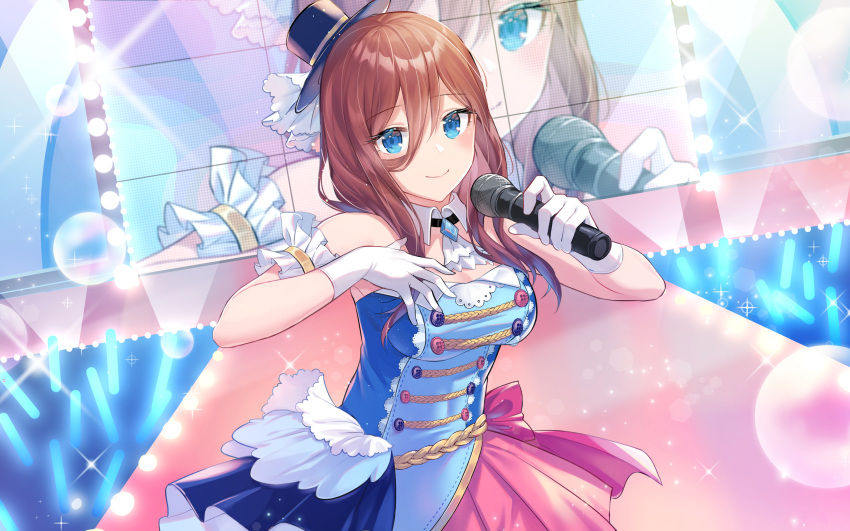 1girl absurdres alternate_costume armlet ascot bangs blue_dress blue_eyes blush breasts brooch brown_hair bubble cleavage closed_mouth commentary_request concert cowboy_shot crowd detached_collar dress eyebrows_visible_through_hair gloves glowstick go-toubun_no_hanayome hair_between_eyes hat highres holding holding_microphone idol jewelry large_breasts lens_flare light_particles light_rays long_hair looking_at_viewer microphone mini_hat mini_top_hat multicolored multicolored_clothes multicolored_dress nakano_miku oenothera screen smile solo_focus spotlight stage stage_lights standing top_hat white_gloves