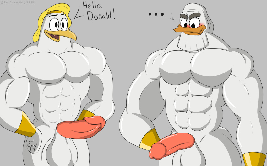 16:10 abs absurd_res anatid anseriform anthro armwear avian balls beak beard bird blush clothing digital_media_(artwork) disney duck ducktales ducktales_(2017) duo erection facial_hair genitals hi_res klr-rio male muscular nude open_mouth pecs penis simple_background smile stork storkules zeus_(ducktales)