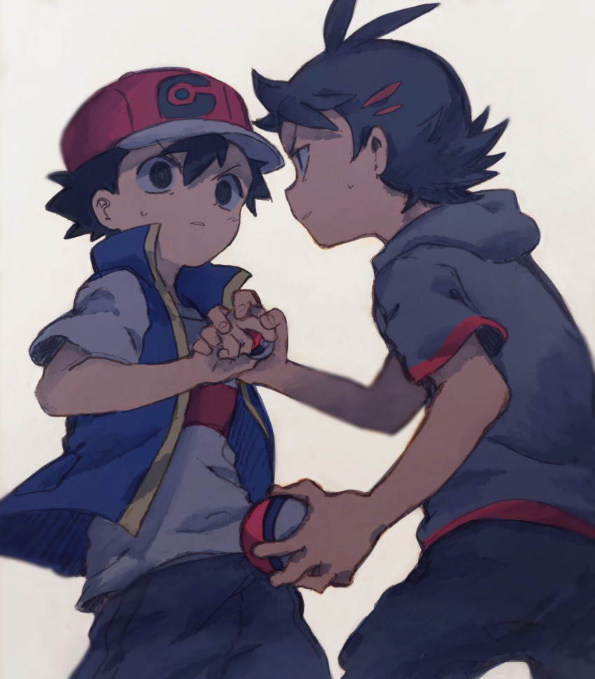 2boys baseball_cap black_hair black_pants blue_vest commentary_request dark_skin dark_skinned_male eye_contact gou_(pokemon) grey_shirt hair_ornament hairclip hat highres holding holding_another's_arm holding_poke_ball kurage2535 looking_at_another male_focus multiple_boys pants poke_ball poke_ball_(generic) pokemon pokemon_(anime) pokemon_swsh_(anime) satoshi_(pokemon) shirt simple_background spiked_hair surprised sweat vest wavy_eyes white_background white_shirt