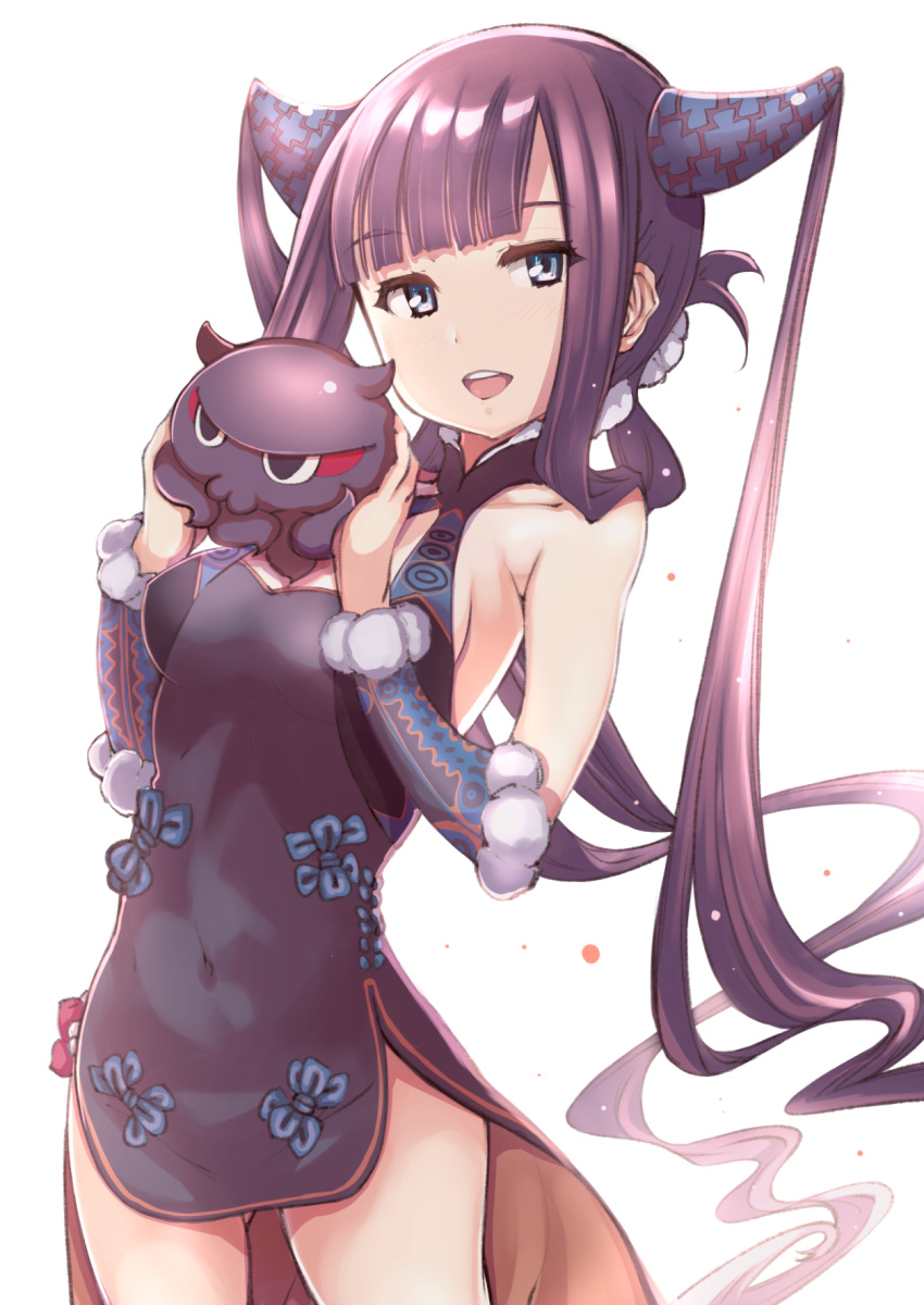 1girl bangs bare_shoulders black_dress blue_eyes blunt_bangs blush breasts china_dress chinese_clothes cleavage covered_navel detached_sleeves dress fate/grand_order fate_(series) grimjin hair_ornament highres long_hair looking_at_viewer medium_breasts octopus open_mouth purple_hair sidelocks simple_background smile thighs tokitarou_(fate/grand_order) twintails very_long_hair white_background yang_guifei_(fate/grand_order)