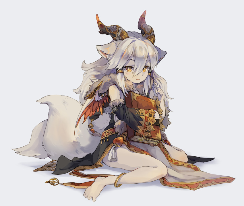 2_tails animal_humanoid anklet barefoot book carota侵略 cloak clothed clothing dragon dragon_humanoid feathered_wings feathers female fully_clothed fur furred_dragon furred_dragon_humanoid hair hi_res horn humanoid ilmina_(puzzle_and_dragons) jewelry light_skin long_hair looking_at_viewer multi_tail neck_tuft puzzle_and_dragons simple_background sitting solo tuft video_games white_background white_hair wings yellow_eyes