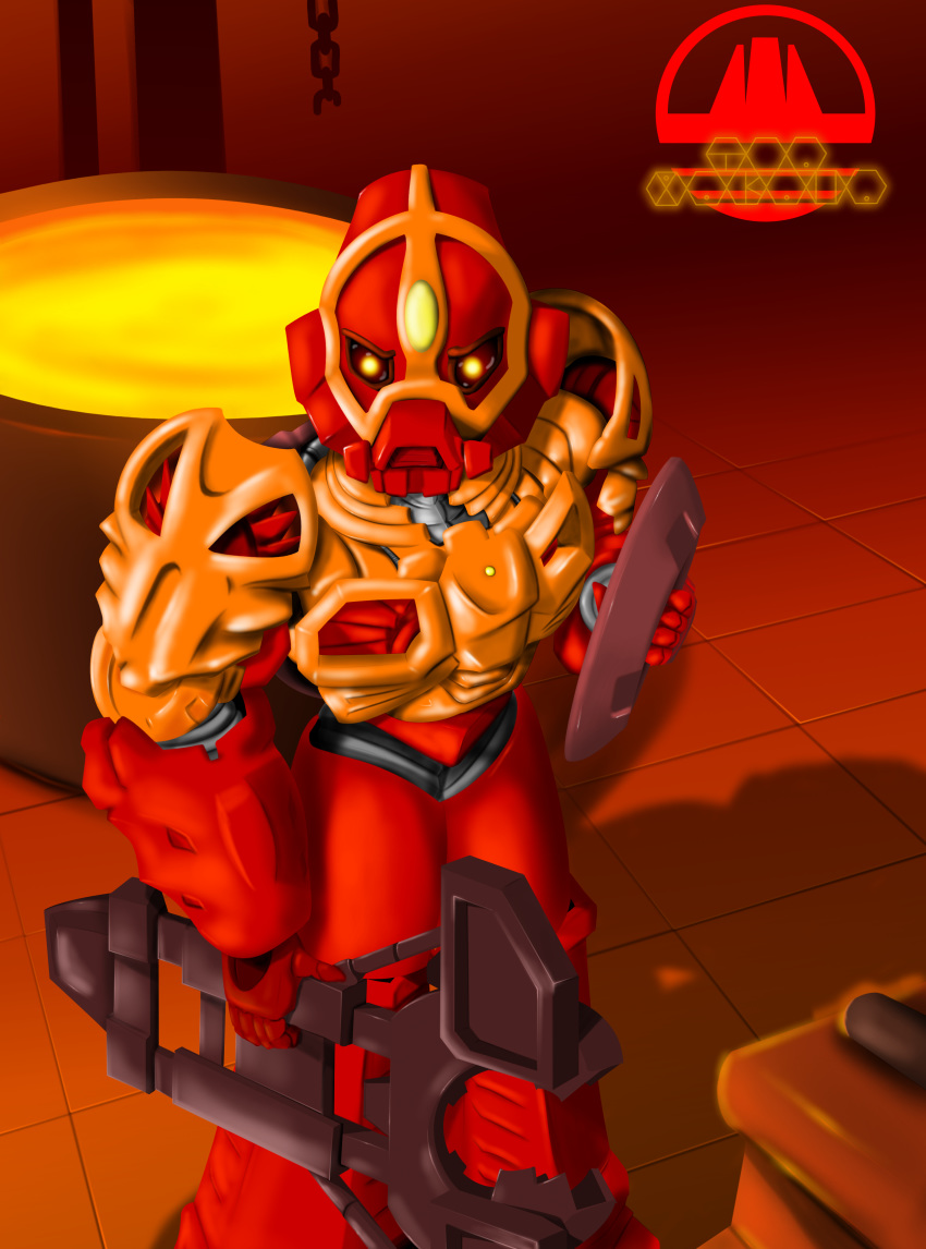absurd_res ambiguous_gender armor bionicle biped chain crossbow detailed_background digital_drawing_(artwork) digital_media_(artwork) disturbulator factory fingers front_view frown hi_res holding_object holding_weapon humanoid lego looking_at_viewer machine multicolored_body not_furry orange_body ranged_weapon red_background red_body red_eyes robot simple_background solo standing toa two_tone_body vakama weapon yellow_eyes