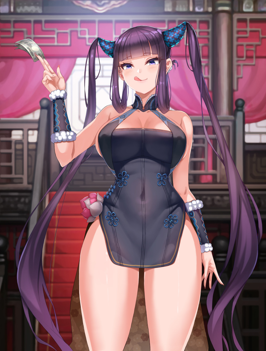 1girl absurdres ass_visible_through_thighs bangs bare_shoulders black_dress blue_eyes blunt_bangs blush breasts china_dress chinese_clothes chong_wuxin cleavage closed_mouth covered_navel detached_sleeves dollar_bill dress fate/grand_order fate_(series) floral_print hair_ornament highres large_breasts licking_lips long_hair looking_at_viewer money money_hold purple_hair sidelocks smile solo thighs tongue tongue_out twintails very_long_hair yang_guifei_(fate/grand_order)