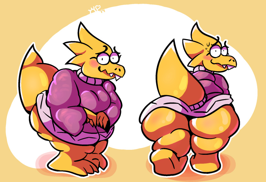 alphys anthro barefoot big_breasts big_butt big_tail blush bodily_fluids bottomless breasts buckteeth butt clothed clothing eyewear female furgonomics glasses hi_res hunched_over ineffective_clothing leaning leaning_forward looking_at_viewer looking_back majormoxy nervous non-mammal_breasts rear_view reptile scales scalie sharp_teeth side_view solo standing sweat sweater teeth thick_tail thick_thighs topwear undertale video_games walking wide_hips yellow_body yellow_scales