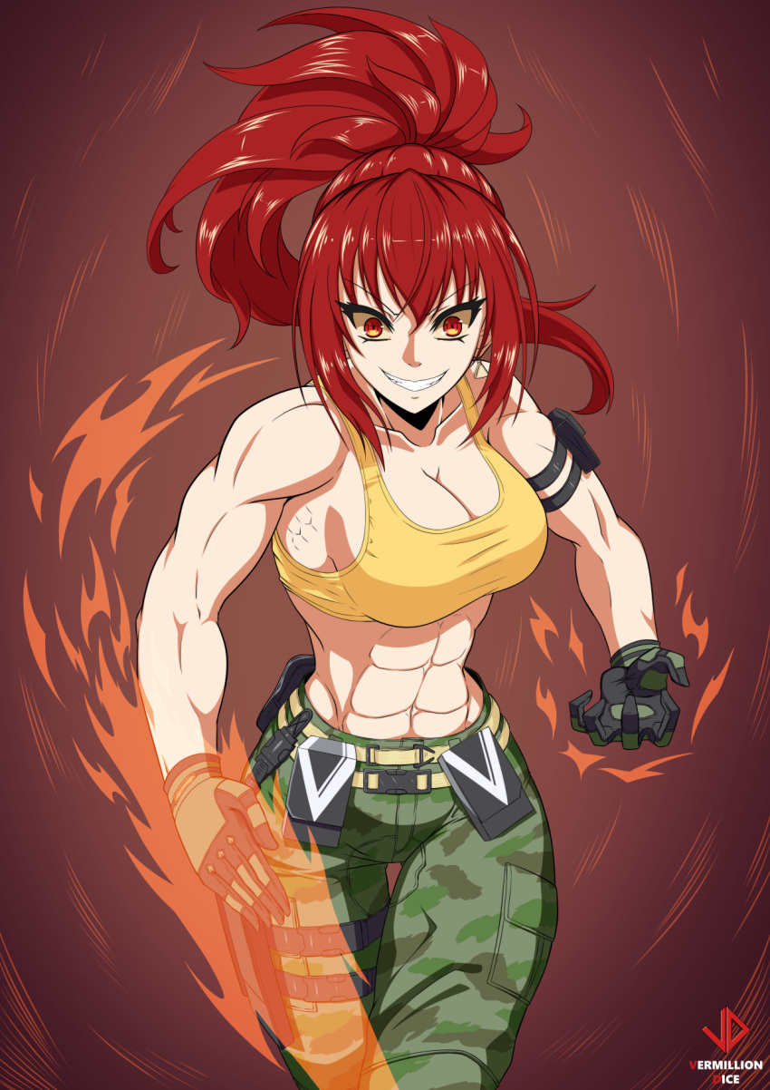 1girl abs alternate_hair_color arm_pouch biceps black_gloves breasts burning_hand camouflage camouflage_pants cargo_net cleavage crazy_eyes dark_persona earrings evil_grin evil_smile fighting_stance gloves grin highres jewelry large_breasts leona_heidern long_hair muscle muscular_female orochi_leona pants ponytail rape_face red_eyes red_hair sleeveless smile solo sports_bra the_king_of_fighters triangle_earrings vermillion_dice