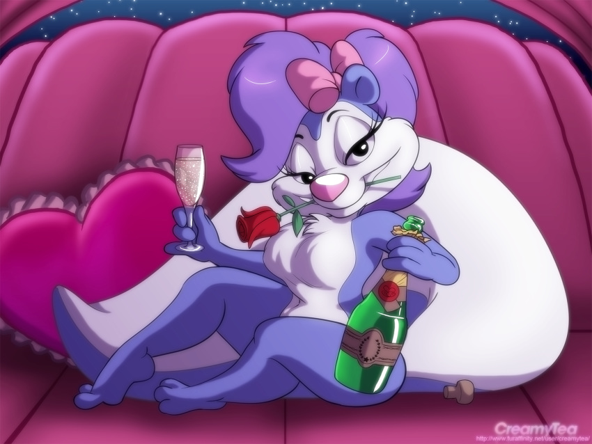 2017 3_toes 4:3 4_fingers accessory alcohol anthro backseat beverage bottle breasts car champagne creamytea digital_media_(artwork) drinking_glass featureless_breasts female fifi_la_fume fingers flower fluffy fluffy_tail fur hair hair_accessory hair_bow hair_ribbon half-closed_eyes holding_glass holding_object inside_car looking_at_viewer mammal mephitid narrowed_eyes object_in_mouth pink_nose plant purple_body purple_fur purple_hair ribbons rose_(flower) skunk solo star text tiny_toon_adventures toes url vehicle warner_brothers