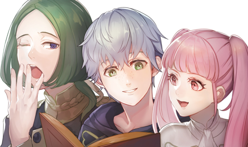 1girl 2boys ashe_ubert blue_eyes book fire_emblem fire_emblem:_three_houses garreg_mach_monastery_uniform green_eyes green_hair grey_hair hilda_valentine_goneril kokouno_oyazi linhardt_von_hevring long_hair multiple_boys one_eye_closed open_book open_mouth pink_eyes pink_hair short_hair simple_background twintails uniform upper_body white_background yawning