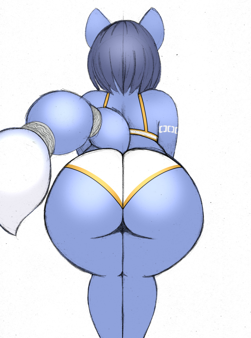 2019 absurd_res big_butt bikini blue_body blue_hair butt canid canine clothing colored_sketch dipstick_tail female fox hair hi_res krystal mammal multicolored_tail nintendo omegasunburst rear_view simple_background solo star_fox swimwear tailband tight_clothing video_games white_background